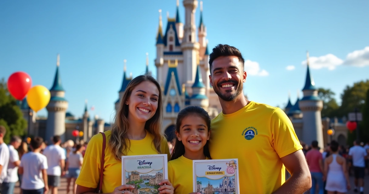 Família sorrindo em frente ao castelo do Magic Kingdom