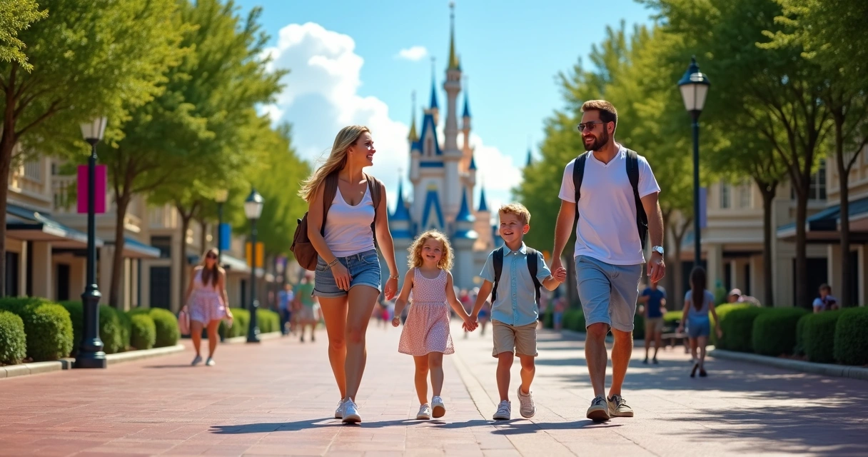 Família sorridente caminhando em parque da Disney em Orlando durante dia ensolarado com céu azul e árvores verdes