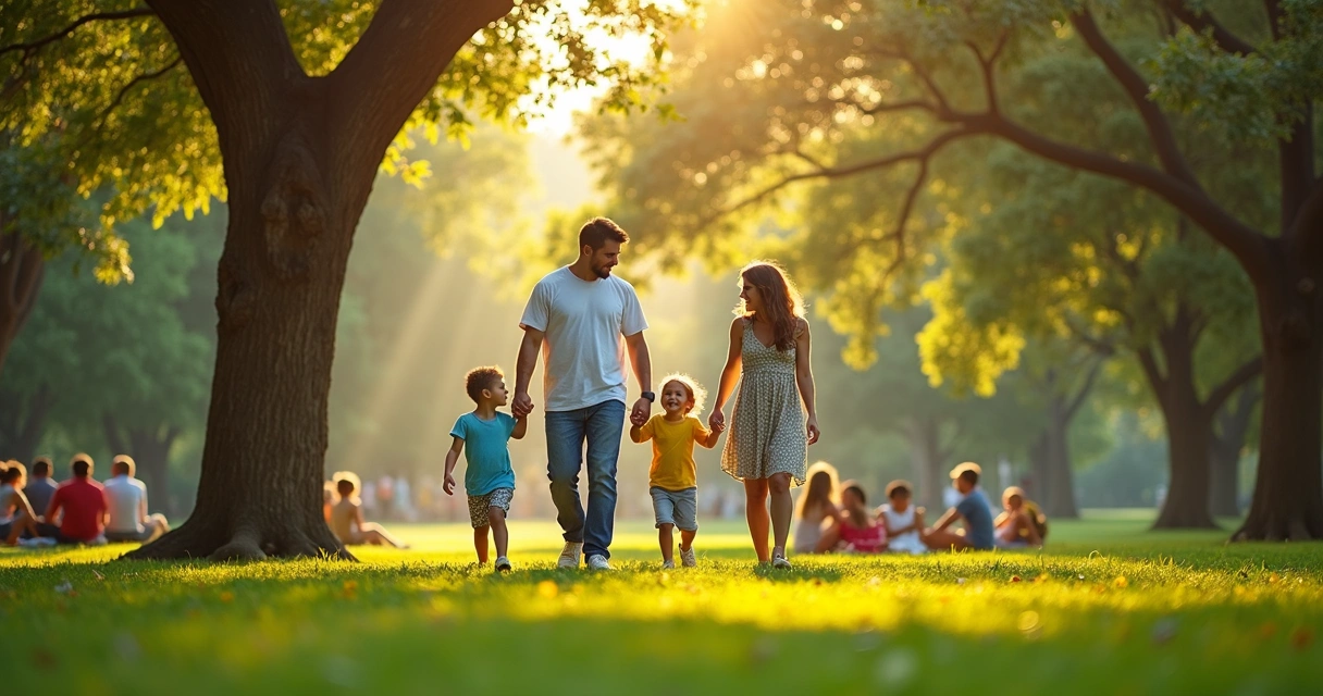 Família caminhando em parque verde em Orlando 