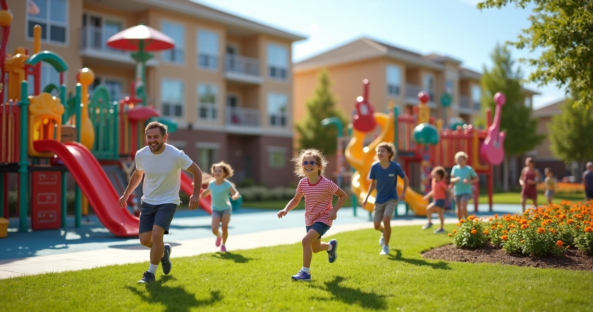 Crianças brincando em playground temático musical no hotel All-Star Music Disney 