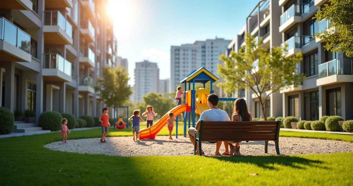 Família brincando em playground no condomínio 