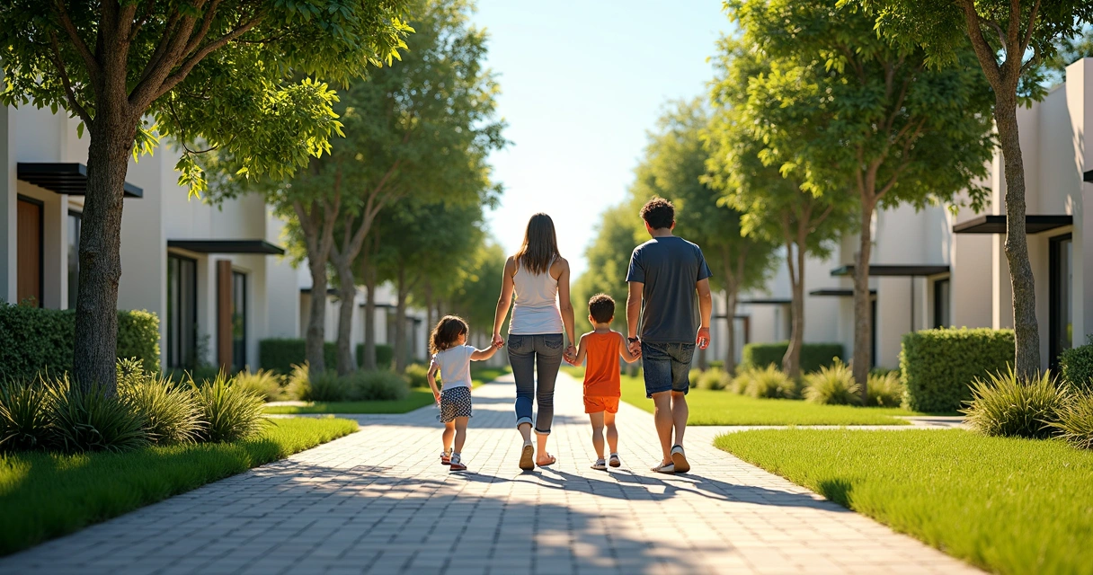 Família caminhando em rua arborizada no bairro Swiss Park Campinas 