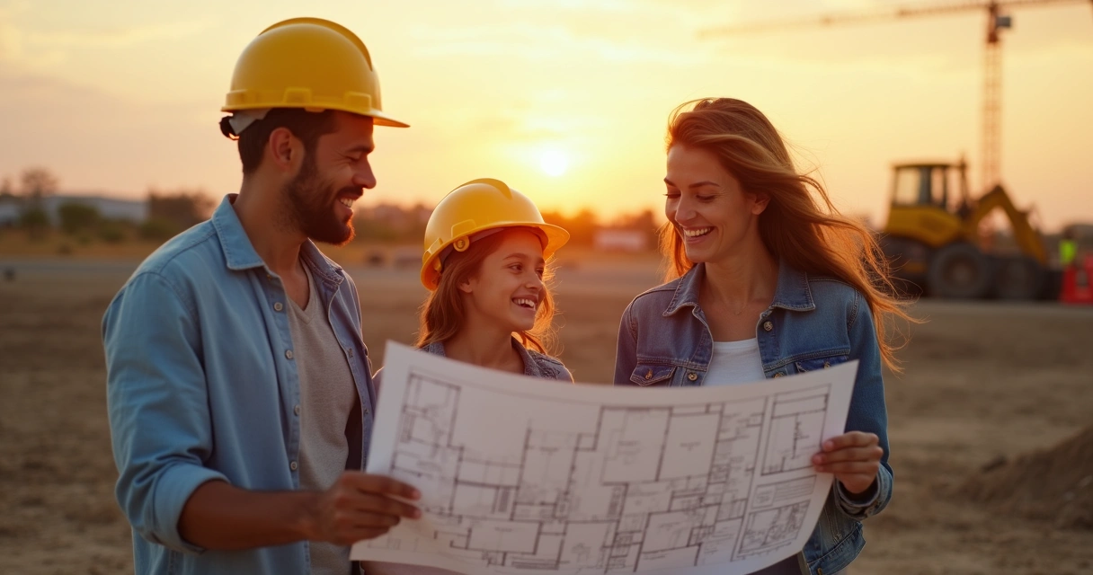 Família analisando projeto de casa em terreno vazio 