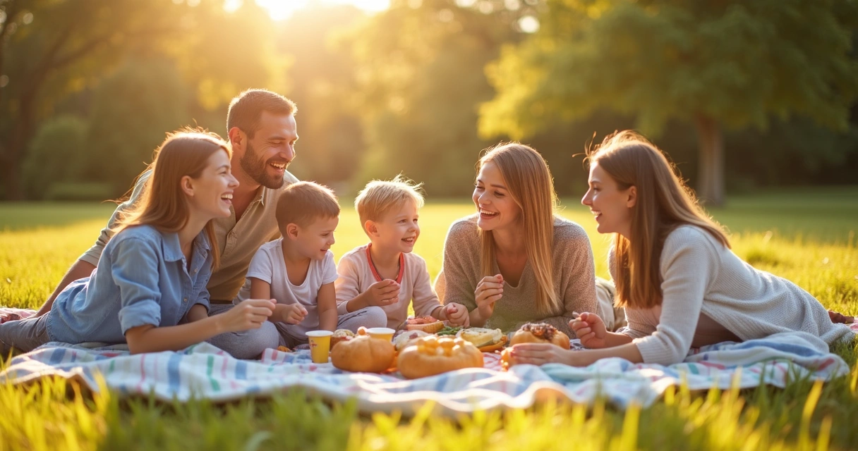 Família sorrindo reunida em piquenique ao ar livre 