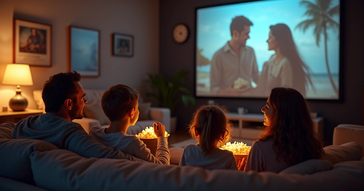 Familia sentada en el sofá viendo una película juntos 