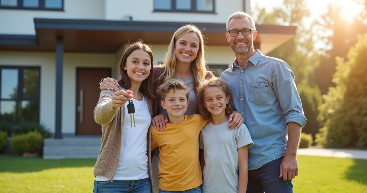 Família comemorando em frente à nova casa com chave na mão