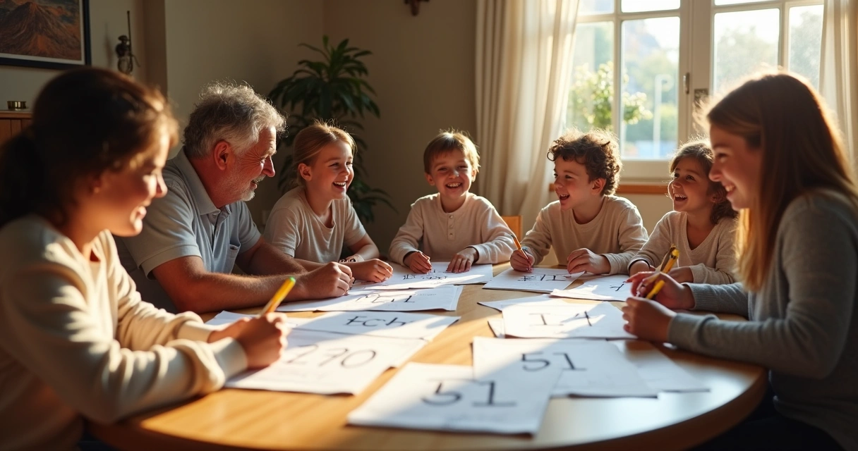 Família reunida somando números em cadernos de mesa