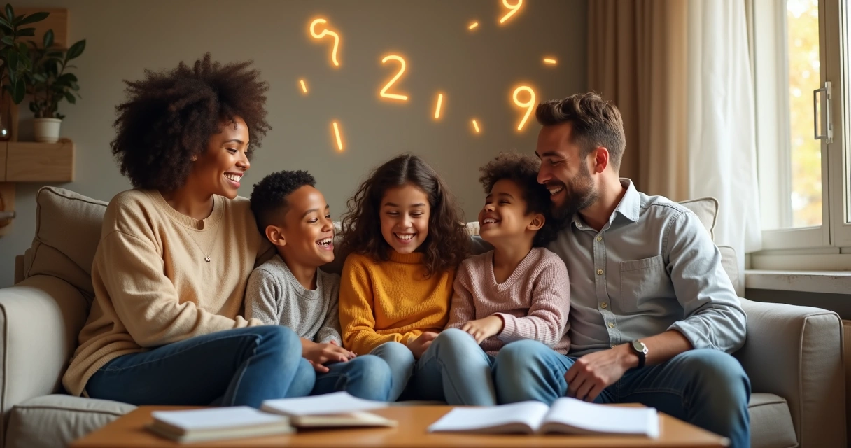 Família reunida com figuras numéricas em segundo plano 