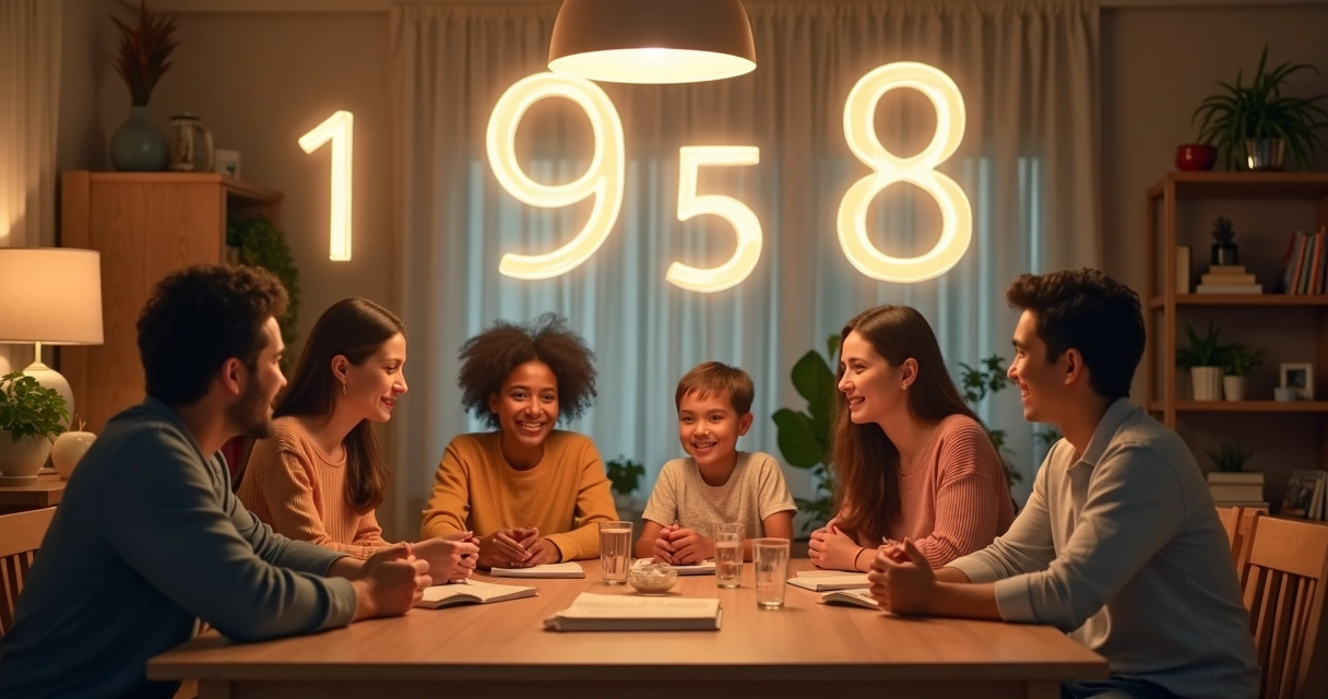 Família reunida ao redor de uma mesa com números brilhantes desenhados no ar 