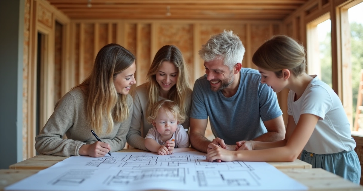Família reunida discutindo plantas em canteiro de obras 