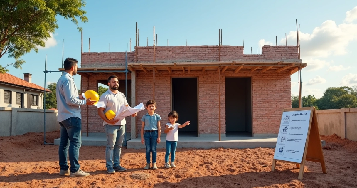 Família acompanha construção de casa popular com engenheiro no terreno 
