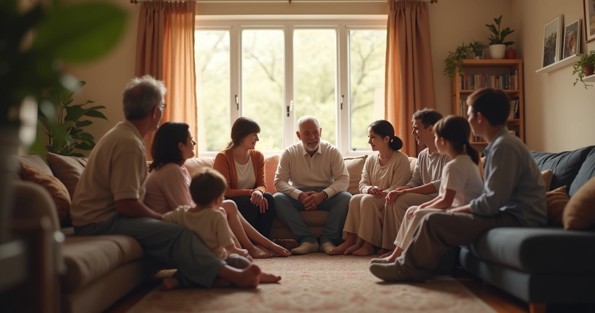Familia sentada en círculo mirándose y conversando en calma