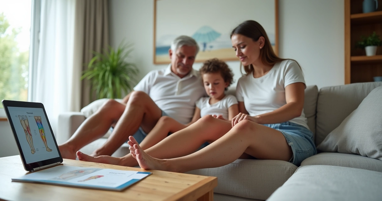 Família comparando pernas para conversar sobre risco de varizes em casa 