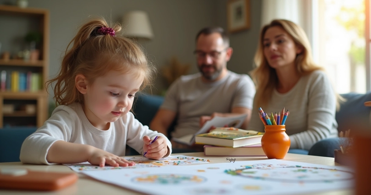 Família observando atividades criativas de uma criança 