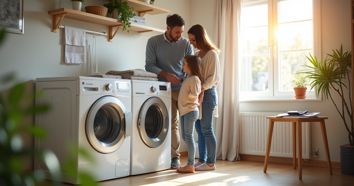 Família em uma lavanderia olhando pensativa para uma máquina de lavar roupas, avaliando o custo do conserto versus a compra de uma nova 