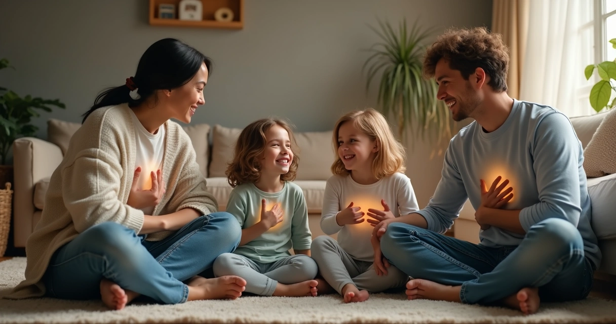 Familia sentada en círculo con ondas de colores conectando sus pechos 