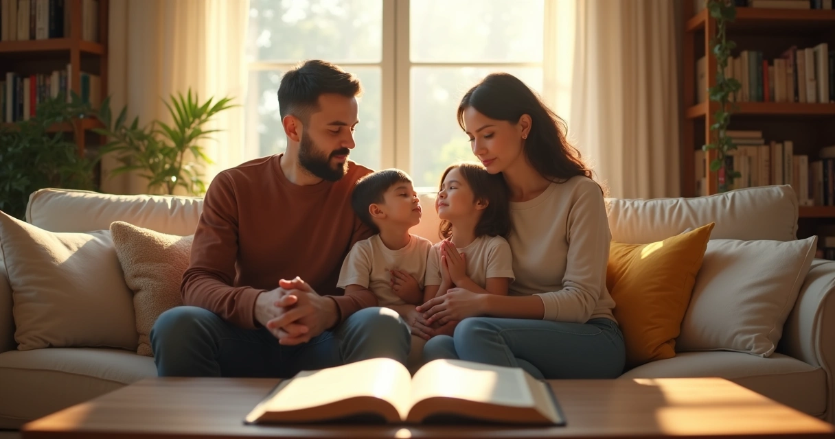 Família orando junta no sofá com Bíblia aberta 