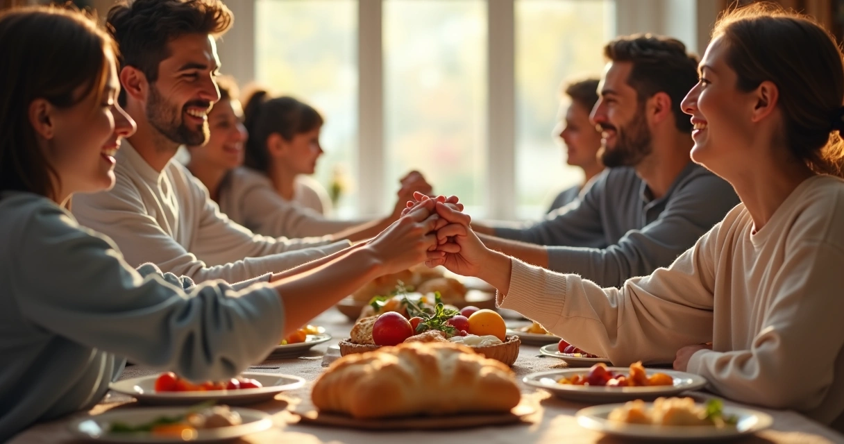 Família dando as mãos em volta de uma mesa com comida caseira e clima descontraído. 