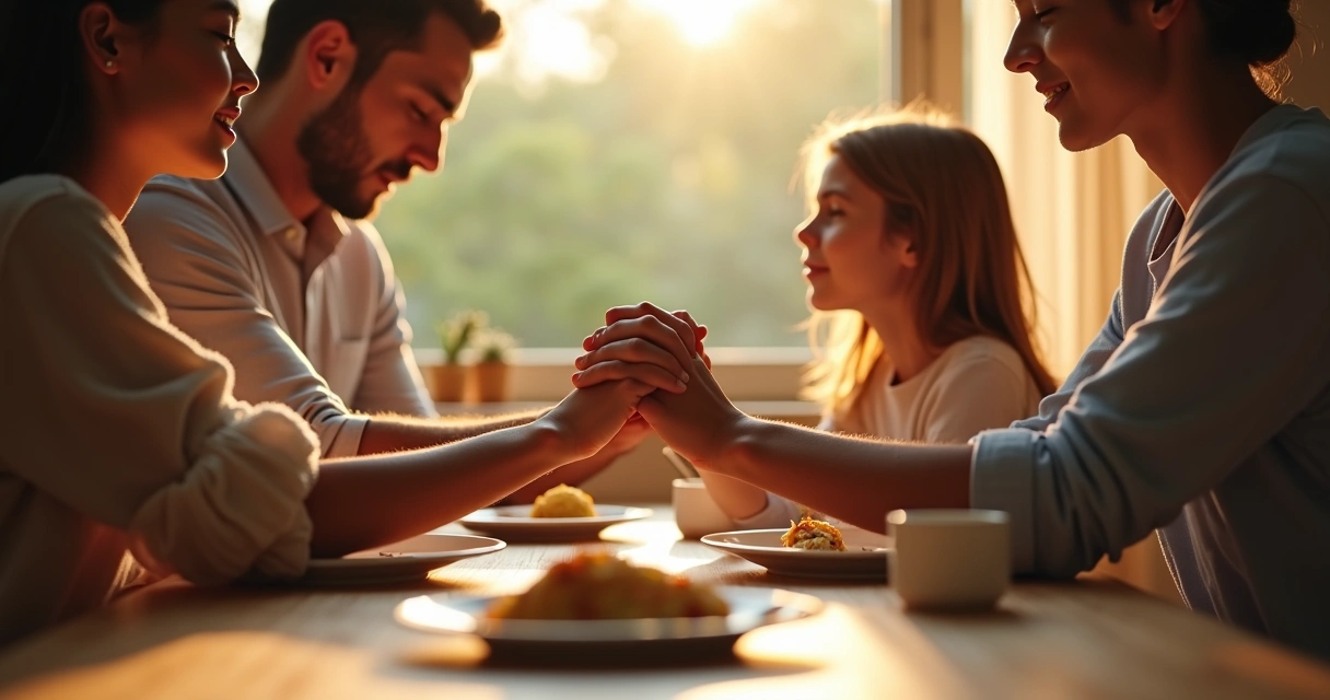 Família orando junta mesa de jantar