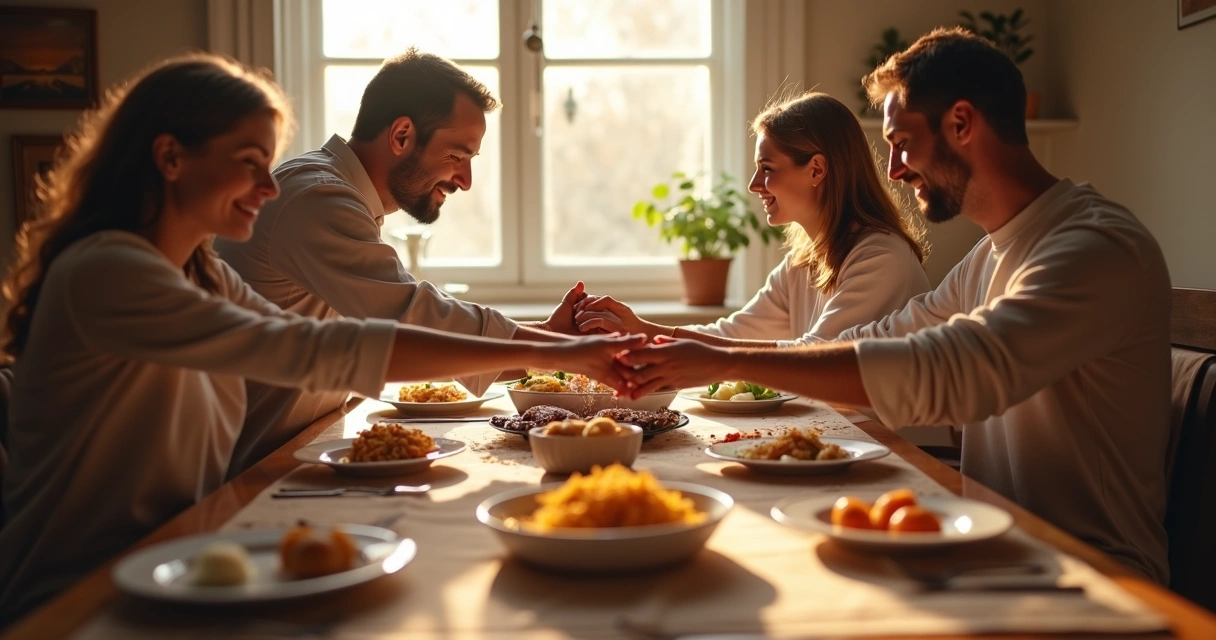 Família reunida orando antes do jantar em casa, representando harmonia e fé 