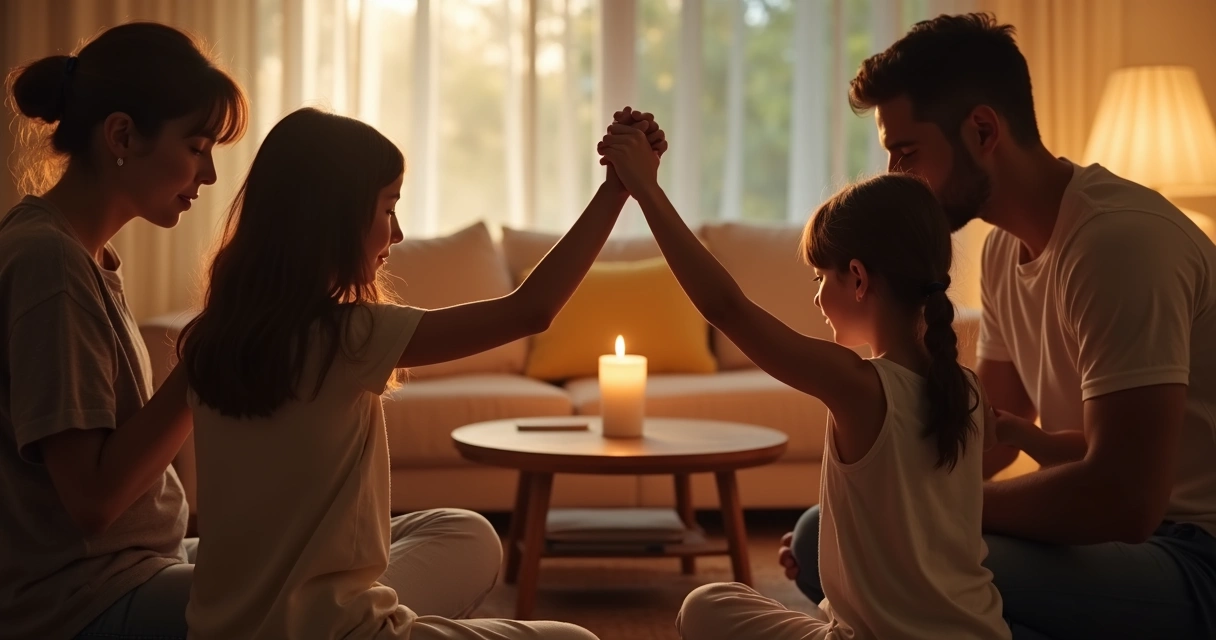 Familia de mãos dadas orando na sala 