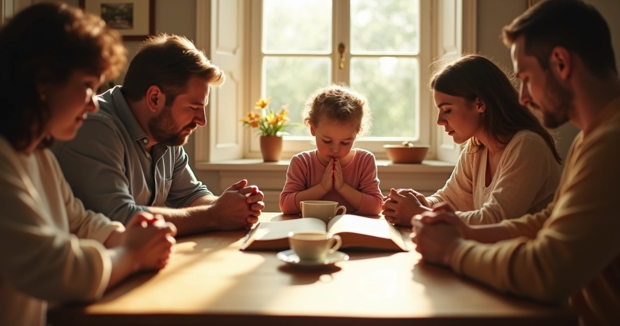 Família de mãos dadas orando ao redor da mesa. 