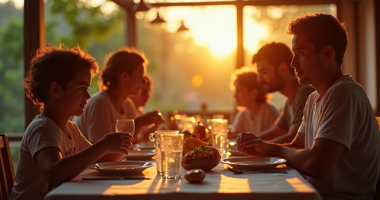 Família segurando as mãos orando em volta da mesa 