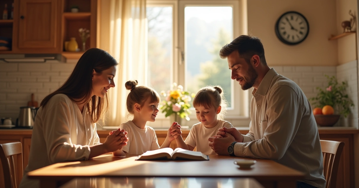 Família reunida fazendo rotinas devocionais matinais na cozinha, crianças orando com os pais na mesa de café 