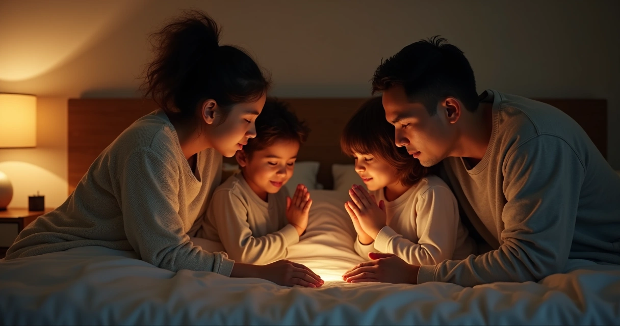 Família orando com criança antes de dormir 