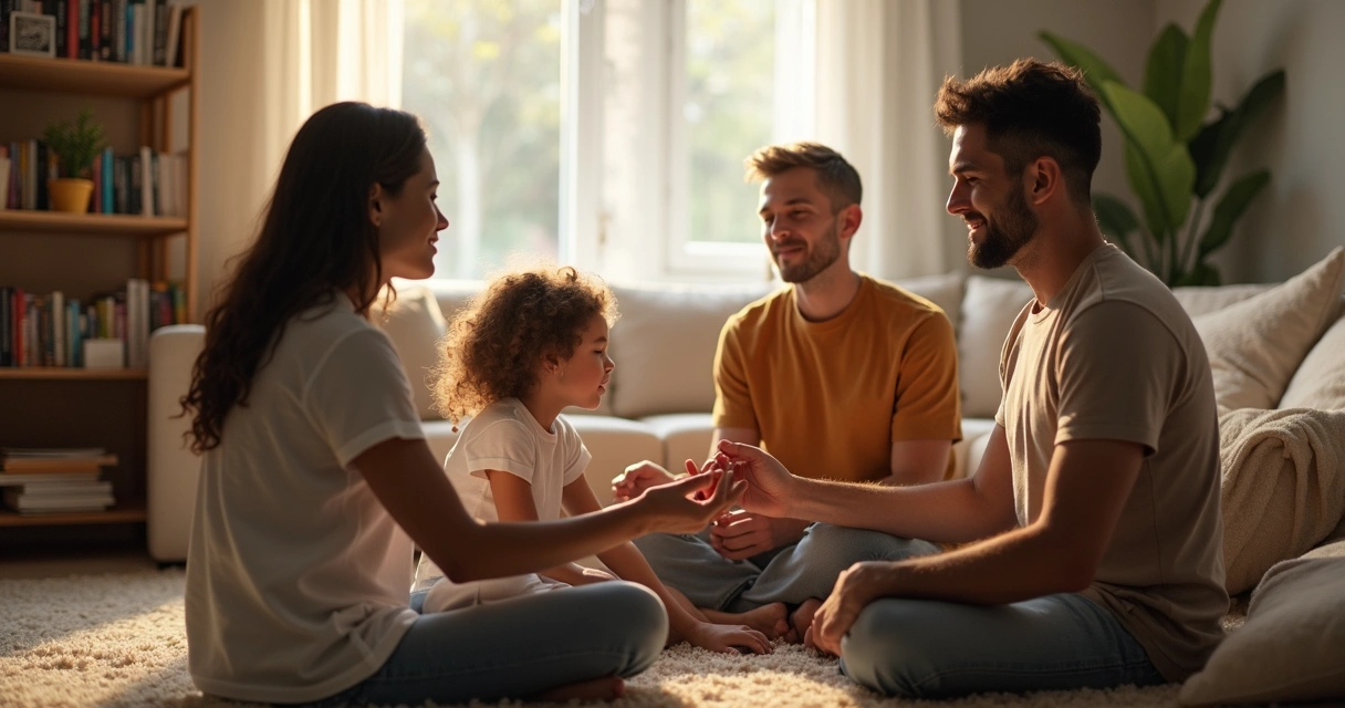 Família sentada em círculo, de mãos dadas, em oração em uma sala clara.