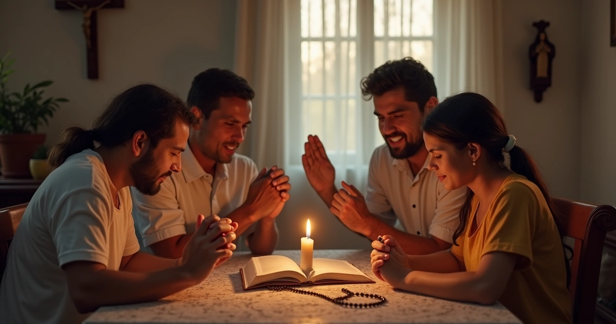 Família reunida em oração ao redor de uma mesa, com mãos unidas 