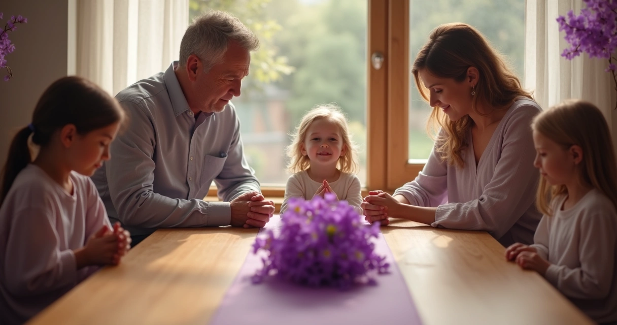 Família com pais e filhos orando de mãos dadas em volta de uma mesa 