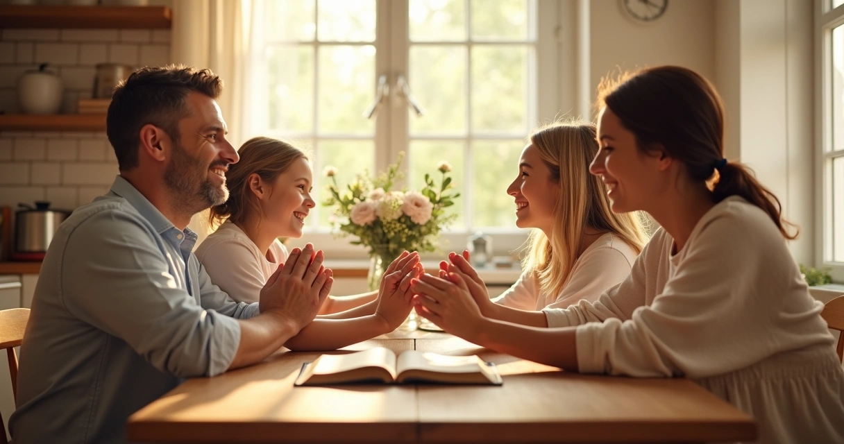 Família reunida orando em volta de uma mesa de jantar 