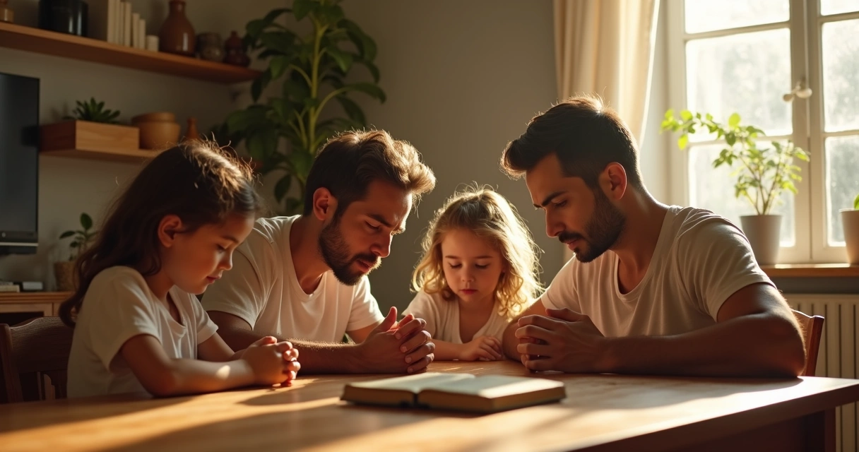 Família junta orando à mesa de casa 