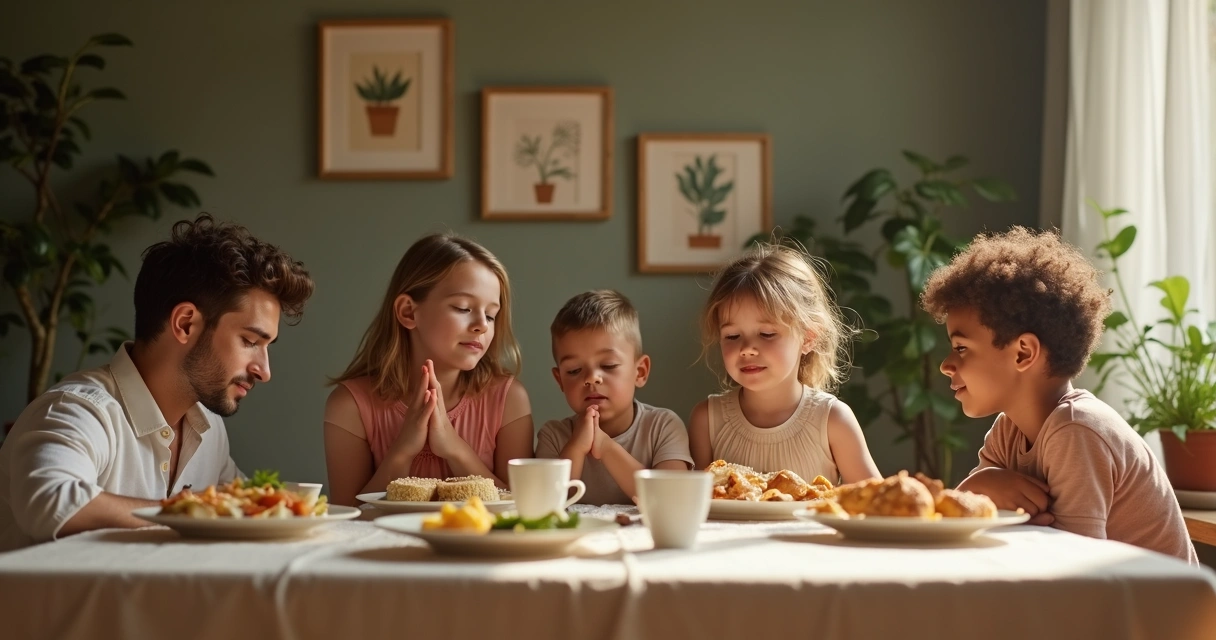 Família unida orando antes da refeição 