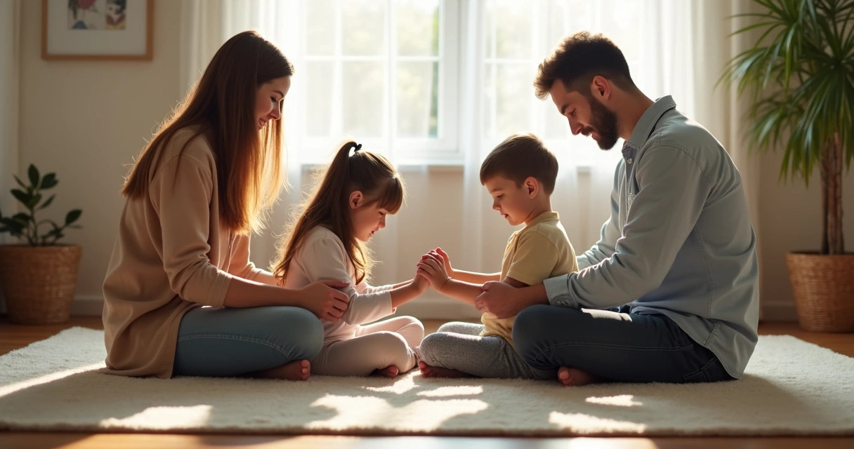 Família de quatro pessoas orando juntos na sala da casa 