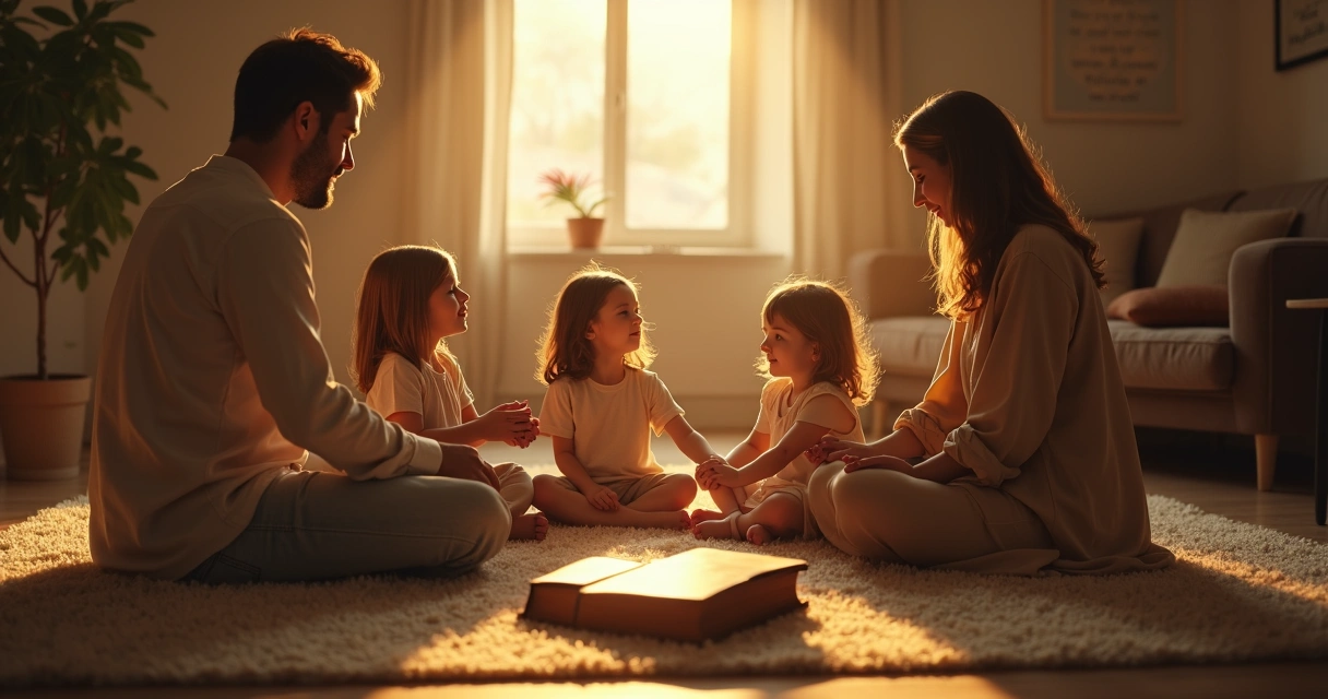 Família cristã reunida na sala iluminada por luz suave em clima de oração 