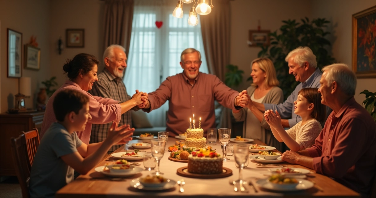 Família reunida em volta da mesa, mãos dadas em oração antes de uma refeição festiva 