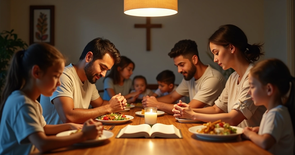 Casal cristão com filhos orando de mãos dadas ao redor da mesa de jantar 