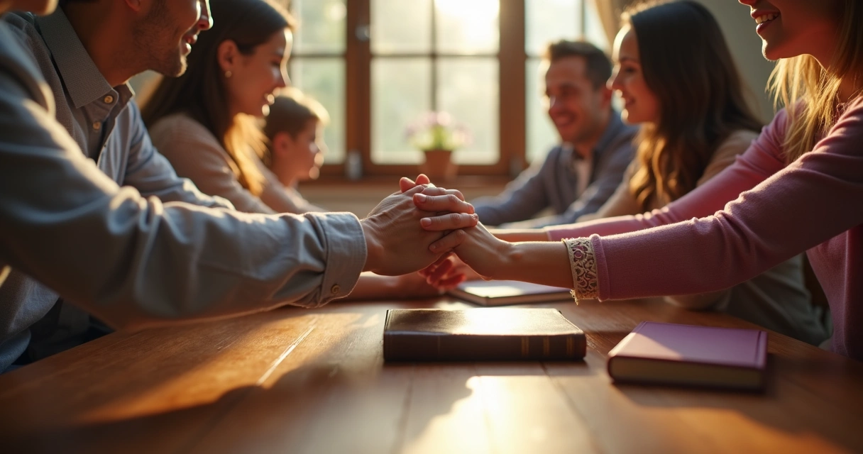 Família reunida de mãos dadas orando ao redor da mesa