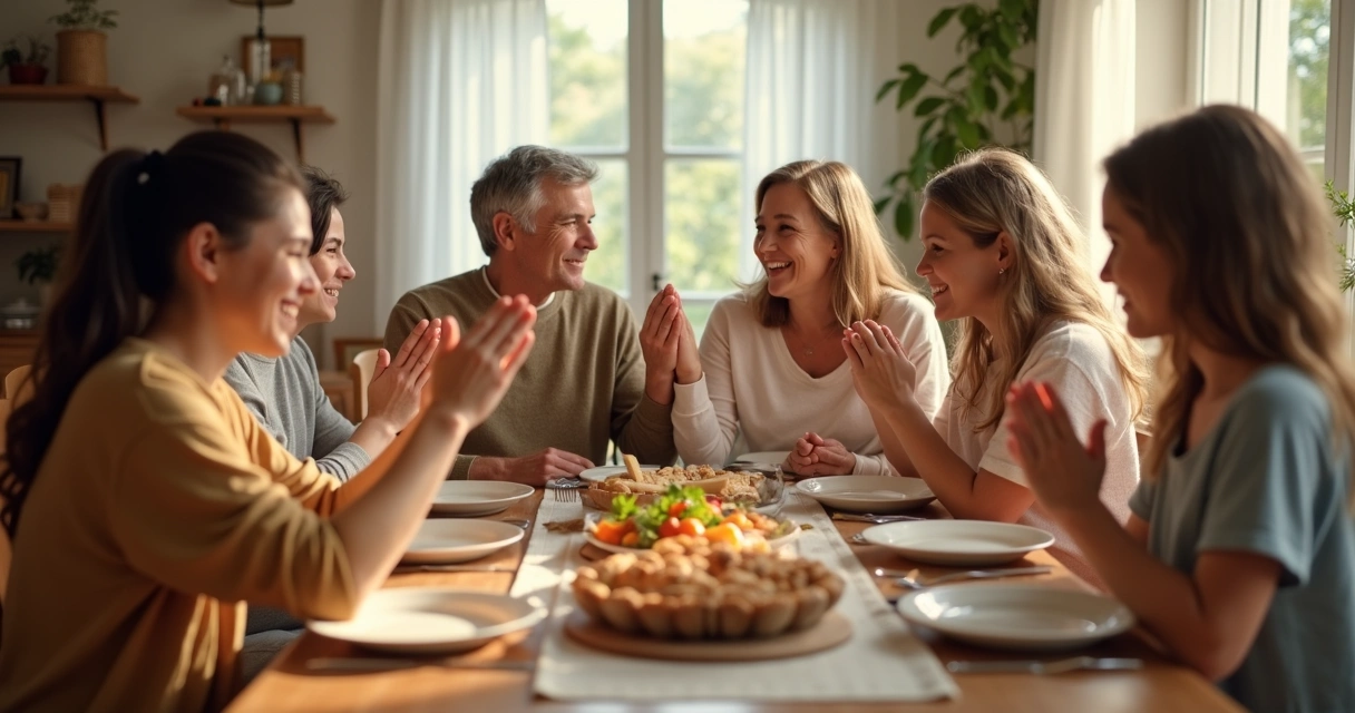 Familia reunida em volta da mesa de jantar, de mãos dadas, orando em clima de harmonia e paz. 