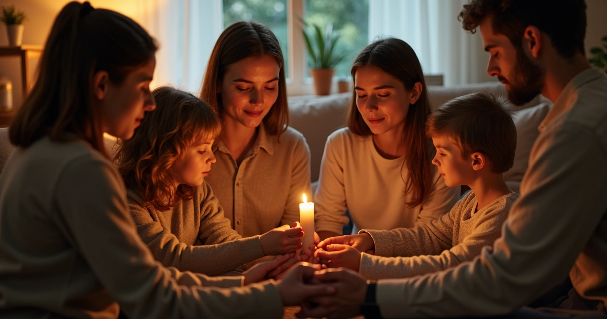 Família de mãos dadas orando em ambiente acolhedor
