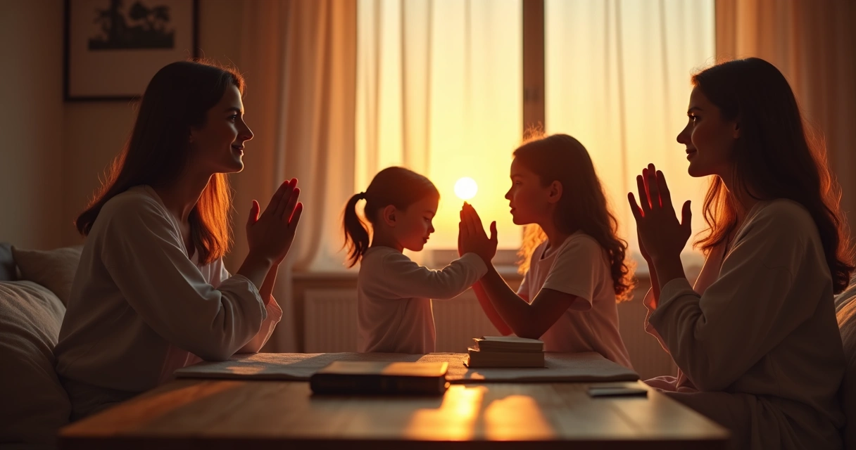 Família reunida orando, com luz suave ao entardecer 