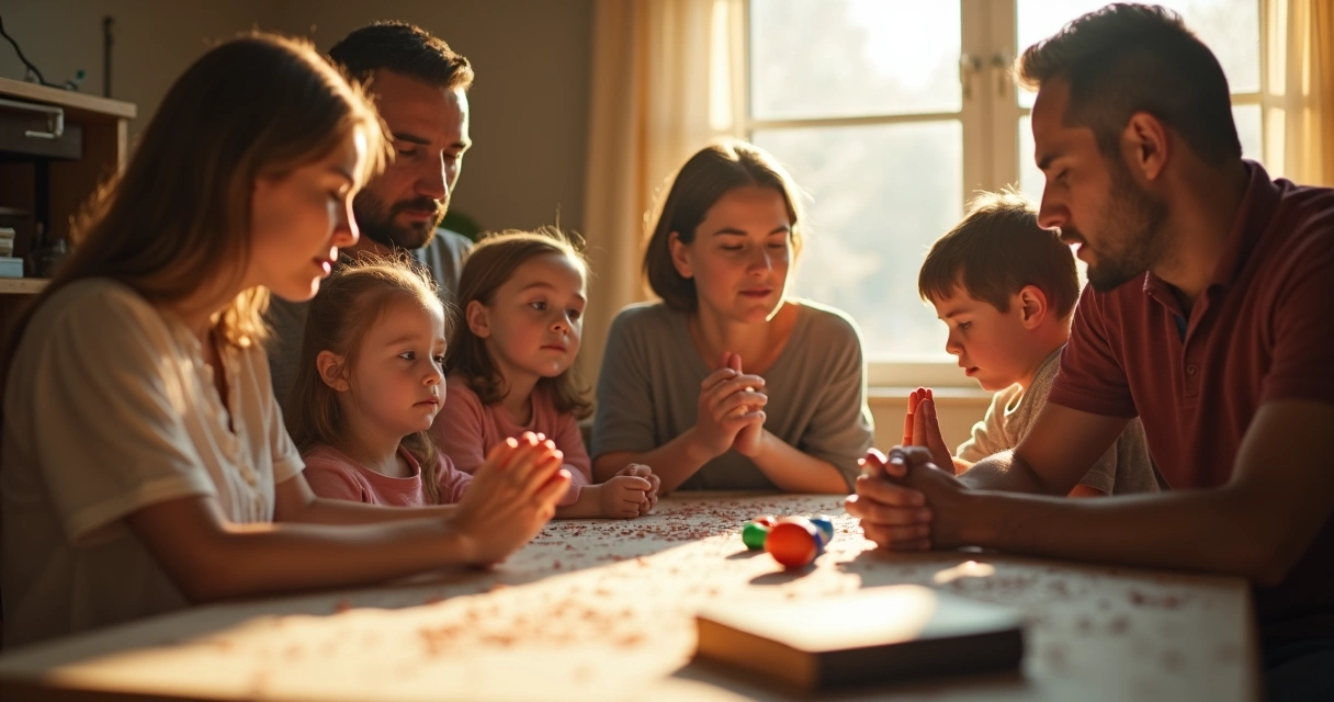 Família unida em oração ao redor da mesa, olhando firmes uns para os outros 