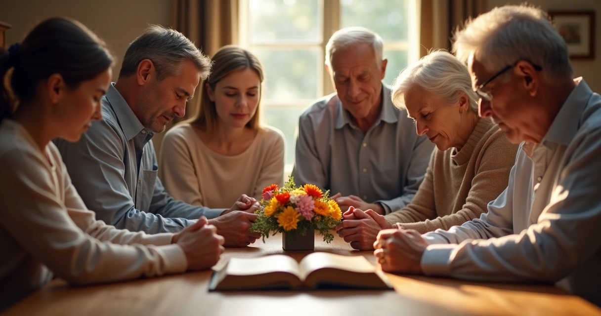 Família orando de mãos dadas à mesa 