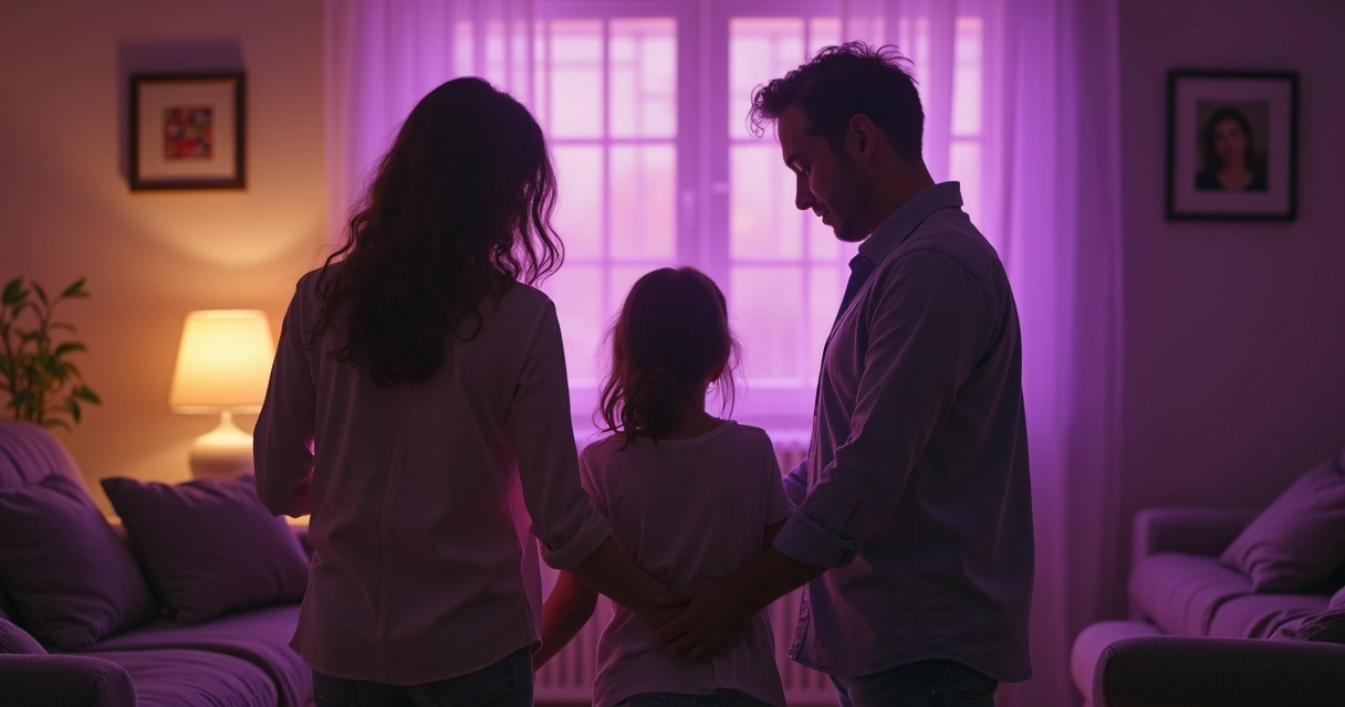 Família unida de mãos dadas orando em casa com luz roxa suave ao fundo 