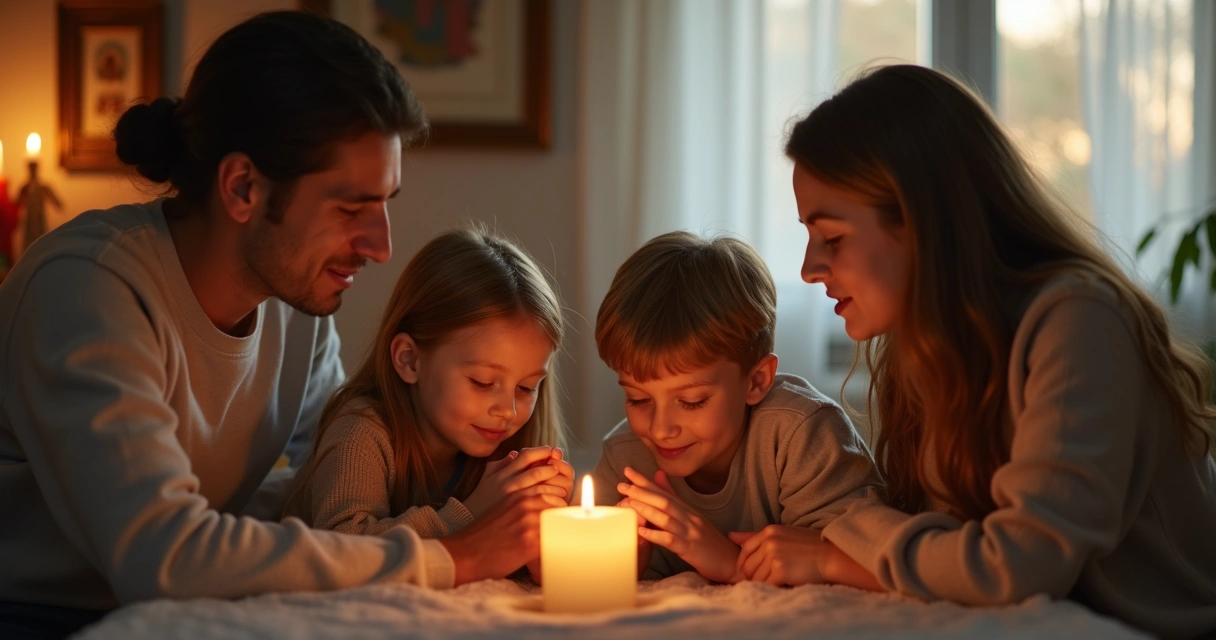Família reunida rezando na sala de casa 