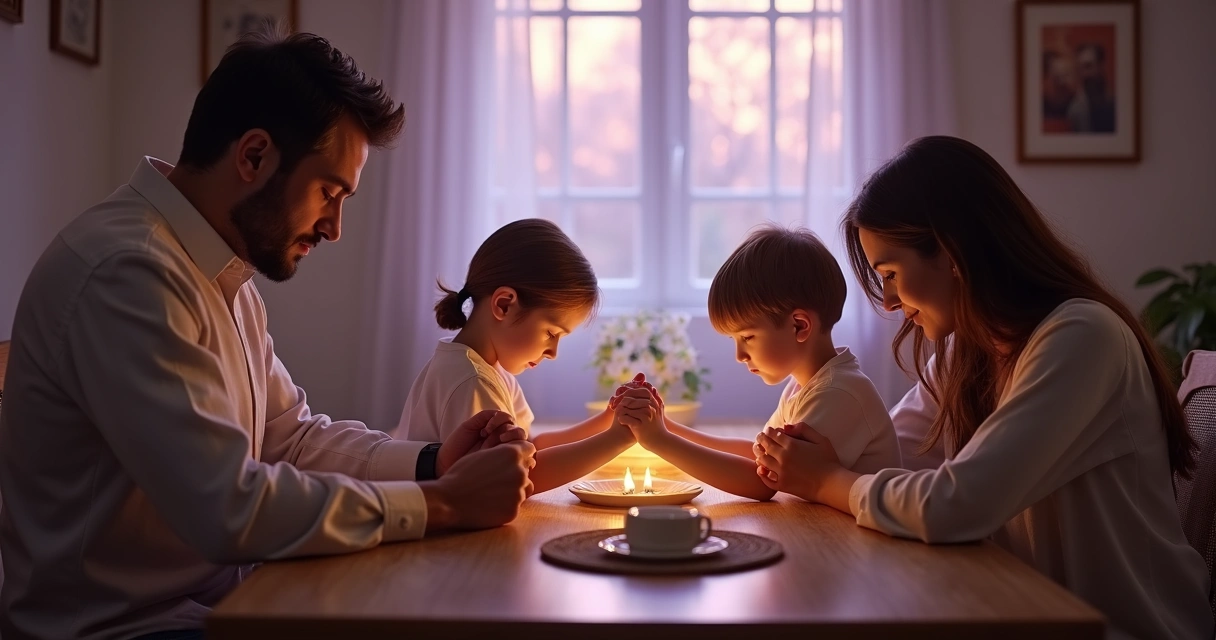 Família orando junta à mesa, com luz natural e tons de roxo em destaque 