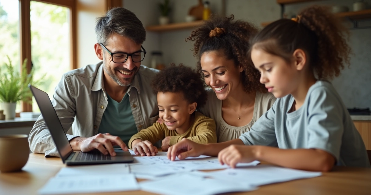 Família fazendo orçamento em casa com notas fiscais e computador 
