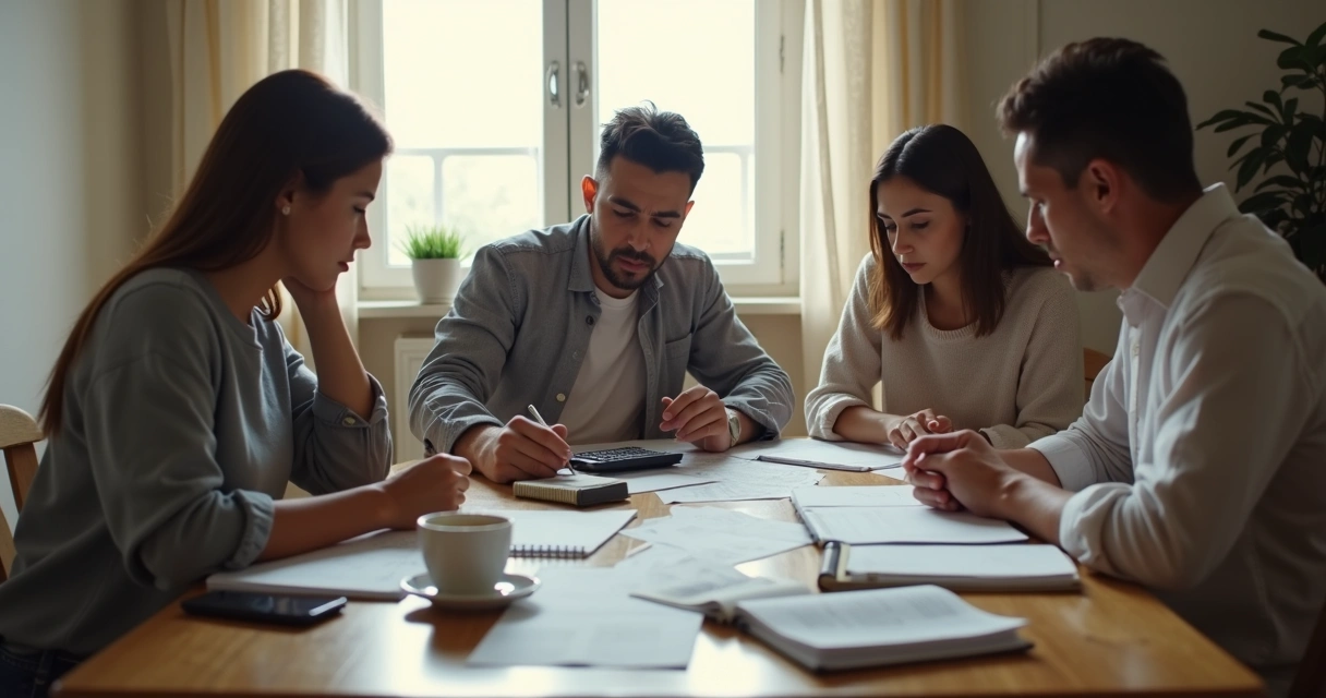 Família reunida diante de contas e calculadora na mesa 